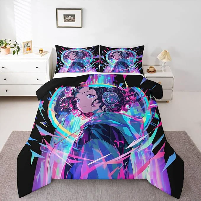 World-Class Erosebridal 3D Anime Girl Bedding Comforter Sets American Street Culture Comforter Set Full for Teens Youth Girls Watercolor Graffiti Style Bedding Galaxy Stars Print Duvet Set with 2 Pillow Cases Casual