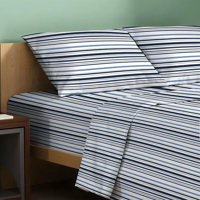 User-Friendly TEXAS LINEN CO. Organic Cotton Printed Sheets California King Size – 4 PC Organic Cotton Cal King Percale Weave Sheet Set Soft Cooling amp Crisp 16 quot Deep Pocket – Variegated Stripe Enhanced