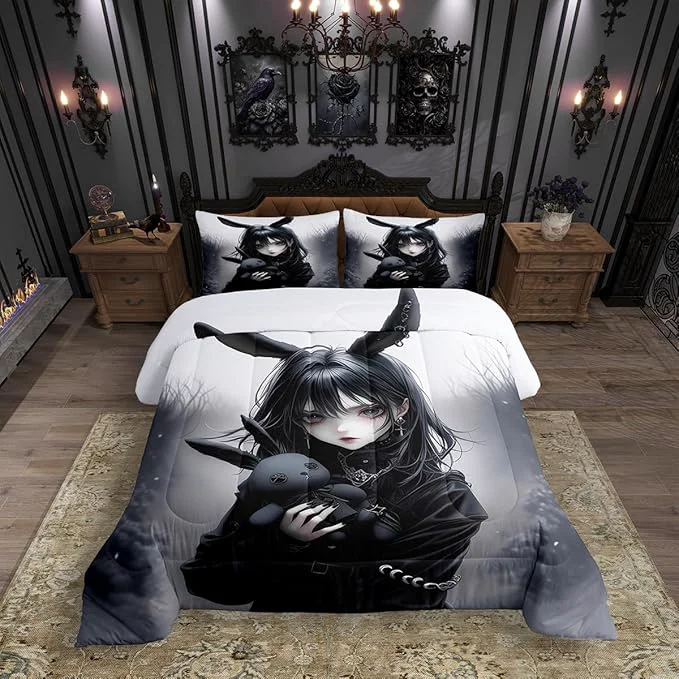 Sustainable Erosebridal Anime Bedding 3D Japanese Girl Comforter Sets Twin Anime Gifts Bedding Set for Girls Gothic Cartoon Rabbit Print Down Comforter Exotic Style Duvet Insert for Room Decor Black 3pcs Comfortable