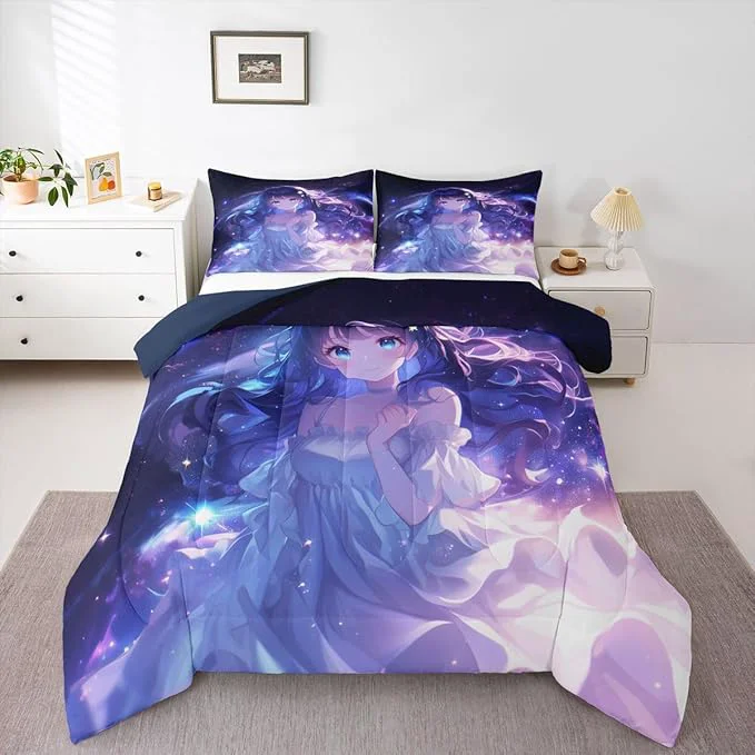 Dependable Erosebridal Anime Girls Bedding Anime Gifts Comforter Set for Kids Purple 3D Galaxy Printing Bedding Sets Cartoon Long Curly Hair Girly Printed Comforter Kids Kawaii Japanese Girl Bed Set Queen Advanced