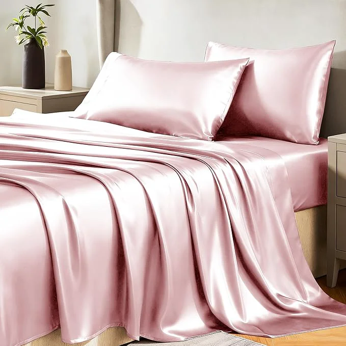 Organic CozyLux Satin Sheets Queen Size Bed Set – 4 Piece Silky Queen Sheet Set Luxury Dirty Pink Queen Sheets with Smooth and Soft Microfiber Includes 1 Fitted Sheet 1 Flat Sheet and 2 Pillowcases