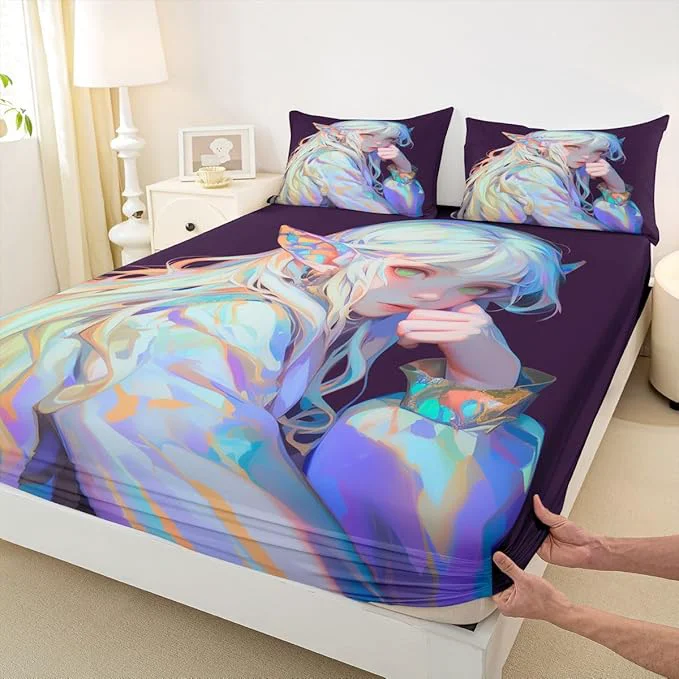 Pure Anime Girl Bed Sheets 3D Japanese Bedding Set Kawaii Girly Fitted Sheet with Deep Pocket Anime Lovers Gifts Fitted Bed Sheets Soft Lightweight Sheets for All Season Twin 2Pcs Selected