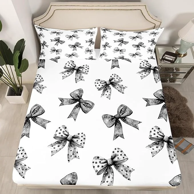 Lightweight Erosebridal Bow Sheets for Boys Girls Ribbon Black Bow Fitted Sheet Coquette Bowknot with Dots Kids Bedding Sets Dreamy Princess Bowtie Bed Sets Full 3 Piece Contemporary