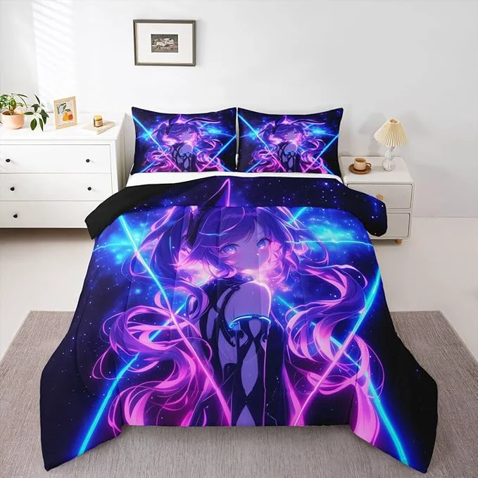 Excellent Erosebridal 3D Anime Kids Bedding Japanese Girl Comforter Sets King Girly Galaxy Stars Comforter Purple Neon Duvet Insert with 2 Pillow Cases Proven