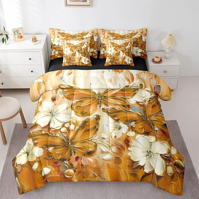 Natural Erosebridal Floral Butterfly Full Bed in A Bag 7 Piece White Flowers Oil Painting Boho Comforter Set Retro Aesthetics Orange Butterfly Bedding Set for Girls Teen Women Bohemian Animal Sheet Set Genuine