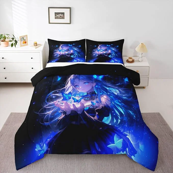 Refined Erosebridal 3D Japanese Girl Kids Comforter Set Blue Butterfly Decorations Bedding Full Size Cartoon Down Comforter Anime Gifts for Her Duvet Set for Bedroom Green