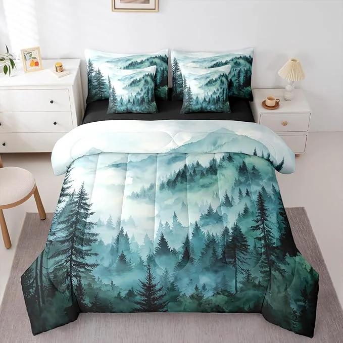 Certified Erosebridal Green Teal Misty Forest Queen Comforter Set with Sheets 7 Piece Mountain Foggy Woodland Bed in A Bag Rustic Pine Tree Bedding Sets for Kids Adults Watercolor Nature Theme Bed Set Exceptional