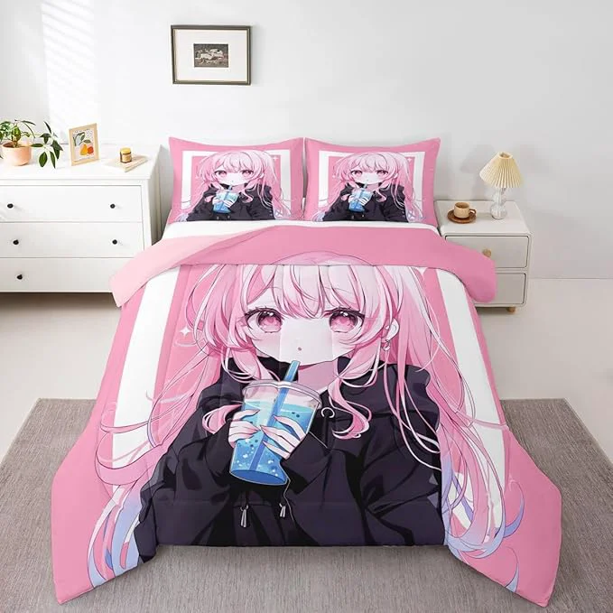 Premium Erosebridal 3D Japanese Kids Comforter Set Anime Girl Drinking Milk Tea Bedding King Cute Kawaii Girly Down Comforter Modern Fashion Aesthetic Duvet Set for Bedroom Exceptional