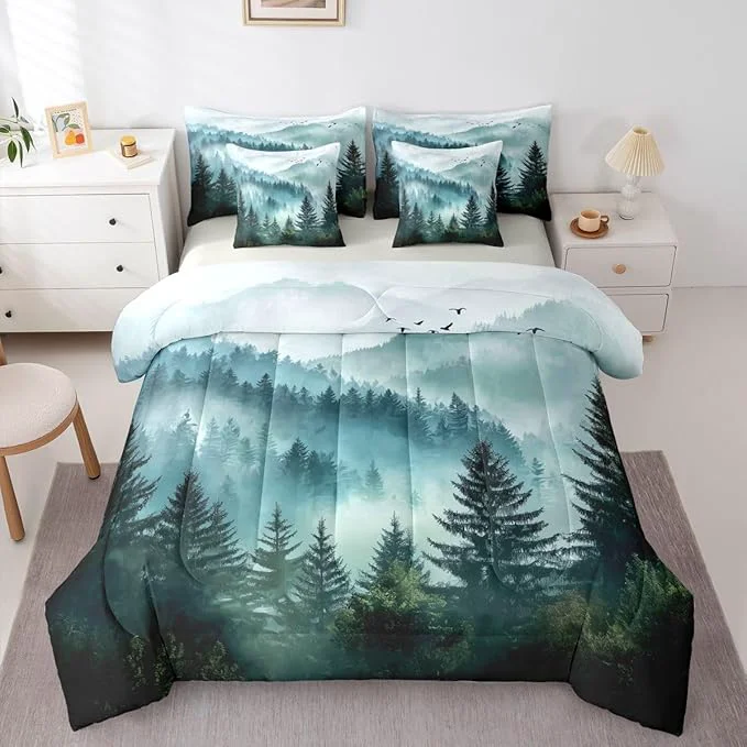 Refined Erosebridal Foggy Mountain Queen Bed in A Bag 7 Piece Green Forest Pine Tree Comforter Set with Sheets Nature Misty Woodland Bedding Sets for Kids Adults Flying Bird Bed Set Convenient