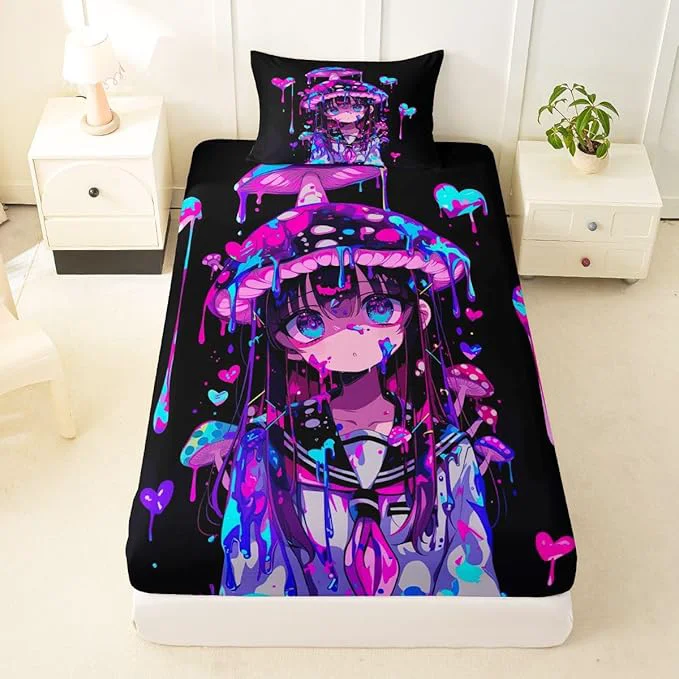 Versatile Erosebridal Mushroom Girl Fitted Sheet Twin 3D Japanese Girly Bed Sheets for Boys Girls Watercolor Graffiti Bed Set Cute Anime Gifts Sheets with 1 Pillowcase Top-Quality