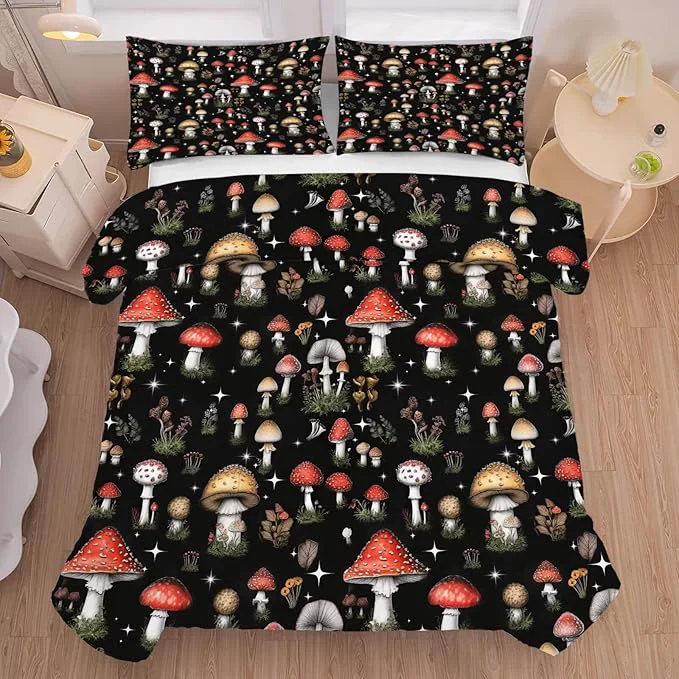 Efficient Mushroom Comforter Set Full Queen Size Black Burgundy Plant Bedding for Kids Girls Teen Women Bedroom Decor Woodland Quilt Bed Sets 1 Comforter 2 Pillowcases Elite