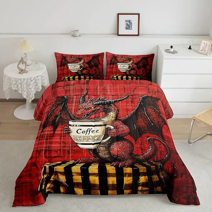 Natural Feelyou Dragon Comforter Set Twin Size Dragon Stuff Comforter for Boys Girls Teens Wild Life Bedding Set Coffee Duvet Set Room Decor Red Quilt Set Green