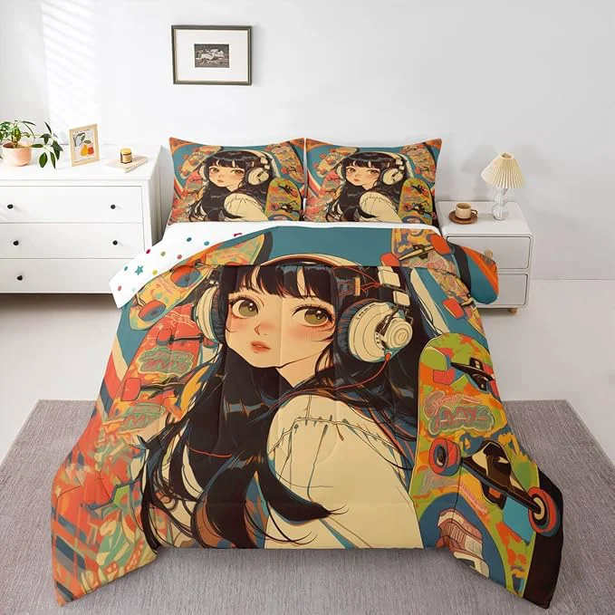 Dependable Erosebridal Kids Comforter Sets Queen Size Cool Girl with Hippie Headphone Bedding Comforter Sets Fashion Girly Comforter Duvet Set 3D Anime Cartoon Style Teens Bedding Sets for Girls Women Natural