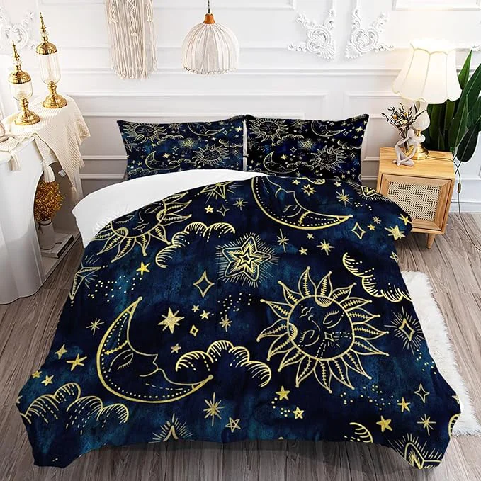 Luxury Celestial Comforter Set Full Size Blue Gold Sun and Moon Boho Bedding for Kids Adult Women Teens Universe Galaxy Bohemian Exotic Gothic Quilt 1 Comforter 2 Pillow Cases Healthy