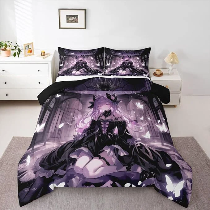 Reusable Erosebridal 3D Girly Kids Comforter Set Japanese Girl Bedding King Anime Gifts Down Comforter Purple Dreamy Butterfly Print Duvet Set for Bedroom Recyclable