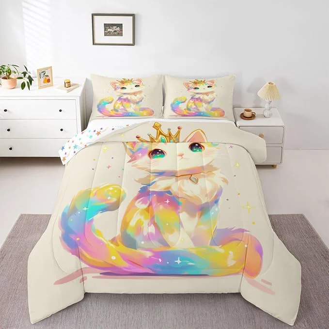 Smart Erosebridal 3D Anime Cat Bedding for Animal Lovers Cartoon Lovely Cat Comforter Set Full Kawaii Colorful Cat Bedding Comforter Sets for Girls Boys Kids Cartoon Gifts Decor for Bedroom Natural