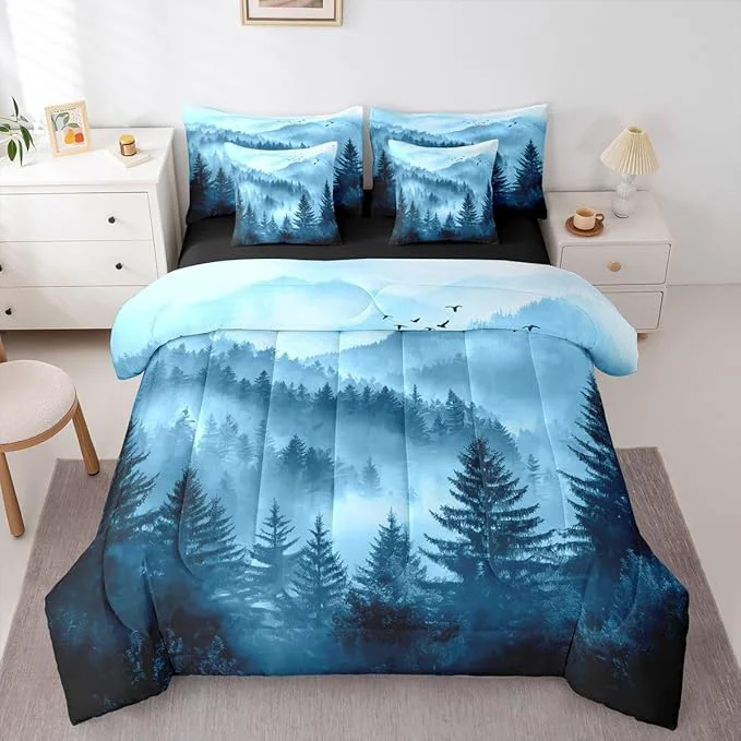 Safe Erosebridal Foggy Mountain King Bedding Set 7 Piece Blue Forest Pine Tree Bed in A Bag with Sheets Nature Misty Woodland Comforter Set for Kids Adults Flying Bird Bed Sets Detailed