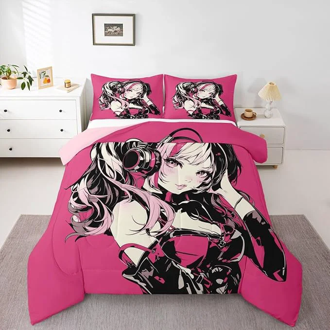 Powerful Erosebridal Pink Anime Girls Bedding Cartoon Japanes-Style Comforter Set Full Graffiti Street Culture Bed Comforter Set for Kids Teens Youth Watercolor Hippie Style Duvet Set 3Pcs High-Performance