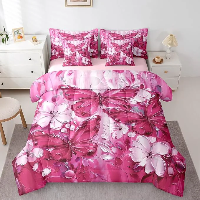 Original Design Erosebridal Girls Hot Pink Butterfly Bedding Sets King 7 Piece White Flowers Oil Painting Boho Kids Comforter Set Retro Aesthetics Bohemian Butterfly Bed in A Bag Floral Butterfly Sheet Set Smart