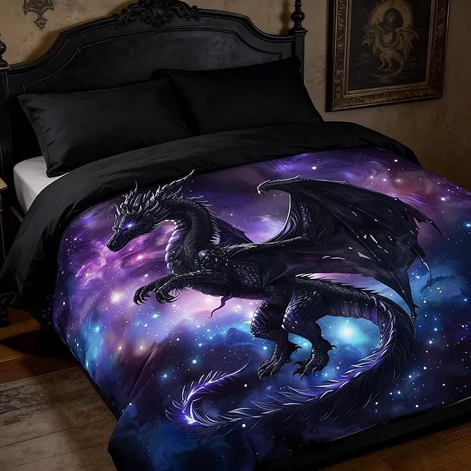 Innovative Fantasy Dragon Bedding Set Purple Blue Nebula Comforter Set King Size Mysterious Outer Space Bedding Set for Kids Boys Girls Teens Room Decor Safari Wildlife Animals Quilt Set First-Class