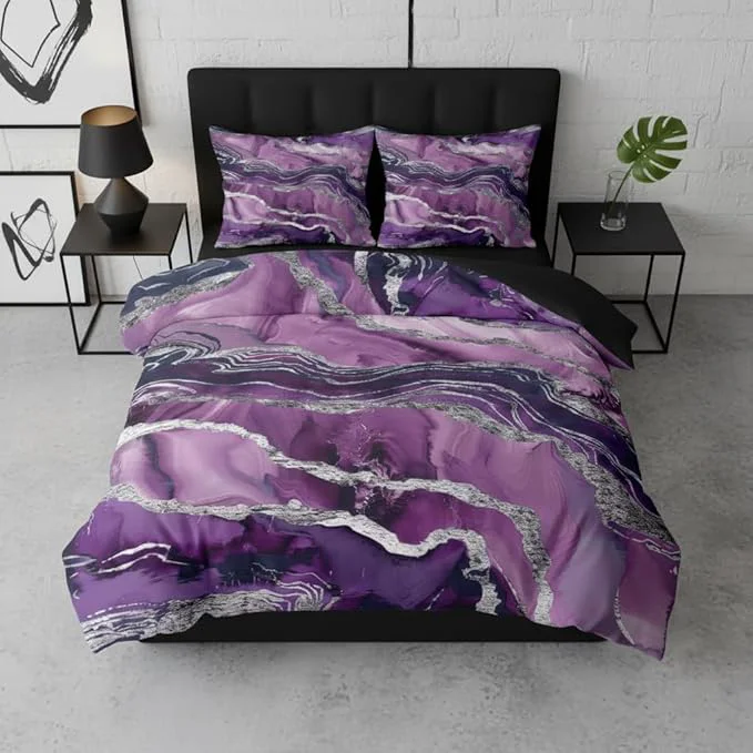 Versatile Purple Marble Comforter Set Queen Size Abstract Black Purple Bedding Set with Silver Lines – 3Pcs Soft Lightweight Quilted Comforter for All Seasons 90 quot x90 quot Aesthetic Pattern Abstract Design Soft Lightweight All Seasons Girls Women Adult Original