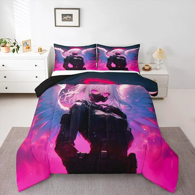 Premium Material Erosebridal Anime Girl with Wings Bedding Queen Size for Girls Adults Kids Japanese Virtual ity Comforter Cartoon Poster Style Duvet Set for Boys Teen Bedroom Decor with 2 Pillowcases Lightweight