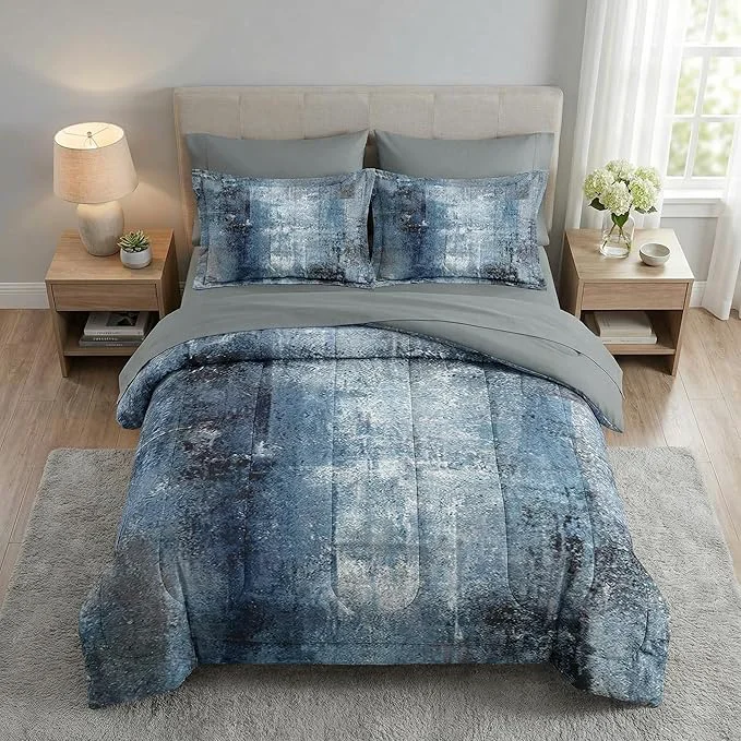 Dependable 5 Pcs Twin Size Comforter Set with Pillowcase amp Sham Navy Indigo Blue Bedding for Kids and Adults Contemporary Abstract Gray Bedding Set with Flat Fitted Sheet Recyclable