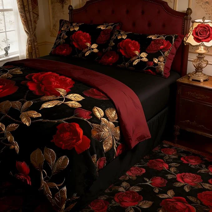 Natural Vintage Floral Full Size Bed in A Bag for Girls 7Pcs Burgundy Comforter Set for Gothic Bedroom Decor Black Floral Quilted Bedding with 2 Pillowcases 79 quot x90 quot Certified