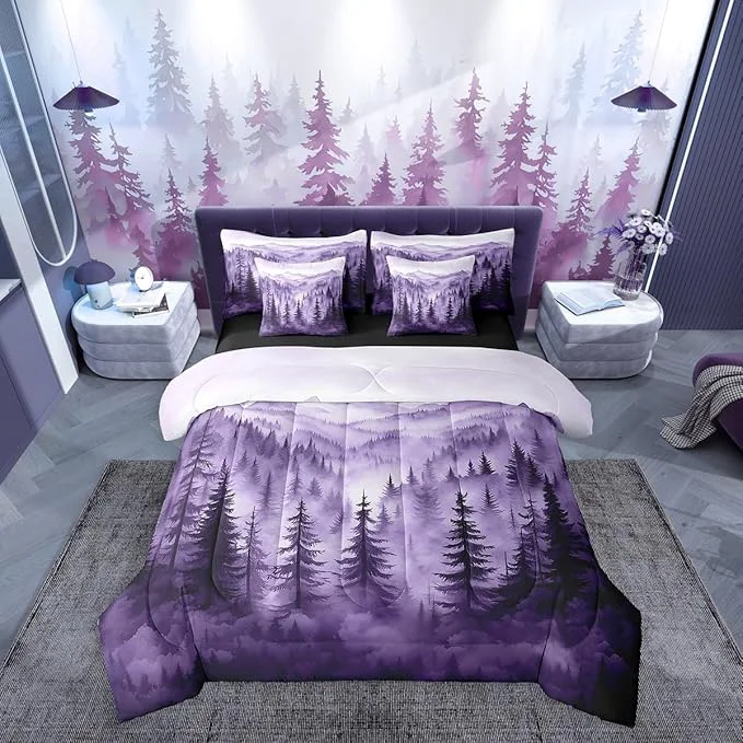 Reliable Erosebridal Purple Forest 7 Piece Comforter Set King Rustic Woodland Pine Tree Bedding Set with Sheets Jungle Smoky Mountain Bed in A Bag for Adults Women Men Retro Natural Landscape Bed Set Dependable