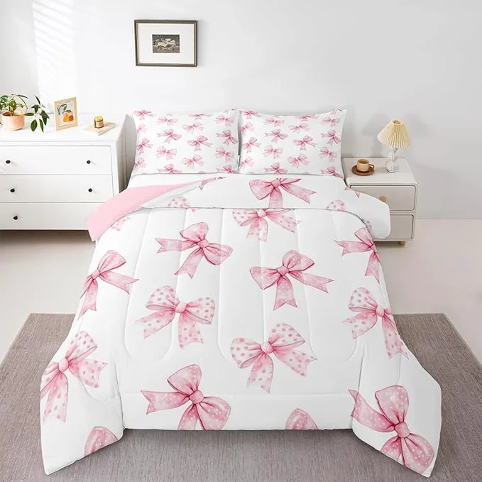 Environmentally Friendly Erosebridal Pink Bow Kids Bedding Coquette Bowknot Comforter Sets King Princess Girls Ribbon Bowtie Comforter Watercolor Cute Duvet Insert with 2 Pillow Cases Selected