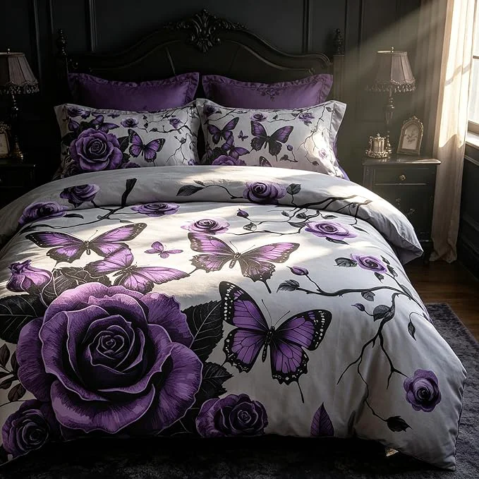 Relaxed Vintage Floral Comforter Set Queen Size Grey Purple Floral Bedding Set for Gothic Bedroom Decor 3 Pieces Soft Microfiber Lightweight Comforter Set with 2 Pillowcases 90 quot x90 quot Long-Lasting