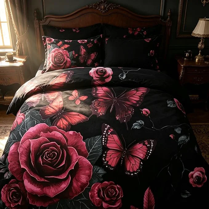 Authentic Black Vintage Comforter Set Twin Size Black Red Floral Bedding Set for Gothic Bedroom Decor 2 Pieces Soft Microfiber Lightweight Comforter Set with 1 Pillowcase 68 quot x86 quot Prestigious