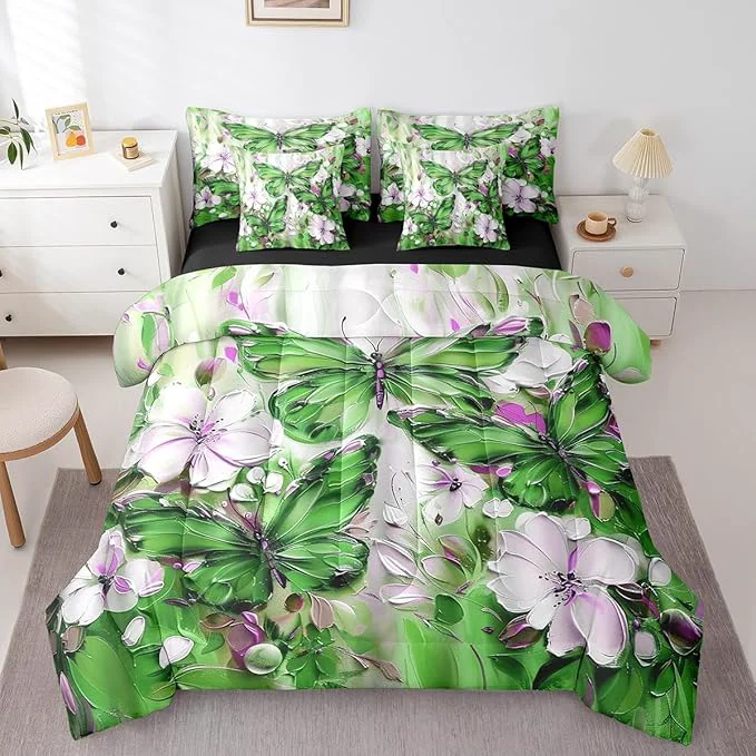 Breathable Erosebridal Green Butterfly 7 Piece Bed in A Bag Twin White Flowers Oil Painting Boho Comforter Set Retro Hippie Floral Butterfly Bedding Set for Girls Women Aesthetics Bohemian Bed Set Trendy