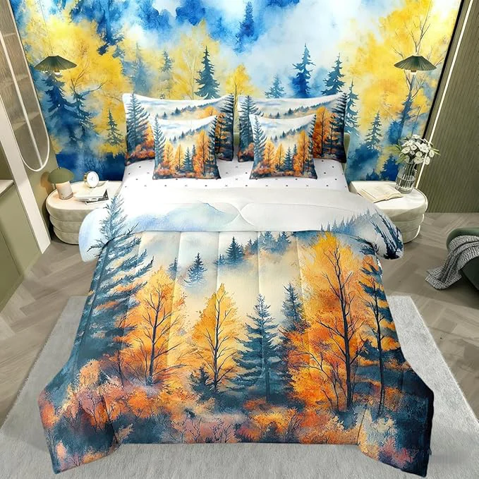 Durable Erosebridal Pine Tree Forest Bed in A Bag King 7 Piece Mountain Mist Landscape Bedding Set Blue Gold Rustic Aesthetic Comforter Set with Sheets Watercolor Oil Painting Style Bed Set User-Friendly