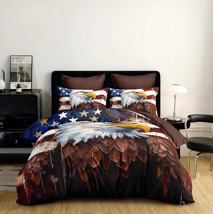 Organic American Eagle Comforter Set King USA Flag Bedding Set Camouflage Wildlife Animal Bird Decor Comforter 3Piece Soft Lightweight Summer Quilt Set with 2 Pillowcases Brown Natural
