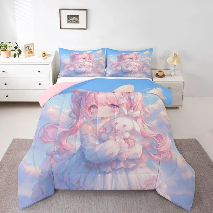 Casual Erosebridal Kawaii Girl Bedding Queen 3D Anime Gifts Comforter Set Japanese Girl with Curly Hair Bed Sets Romance Style Duvet Insert 3 Pieces Expertly Made