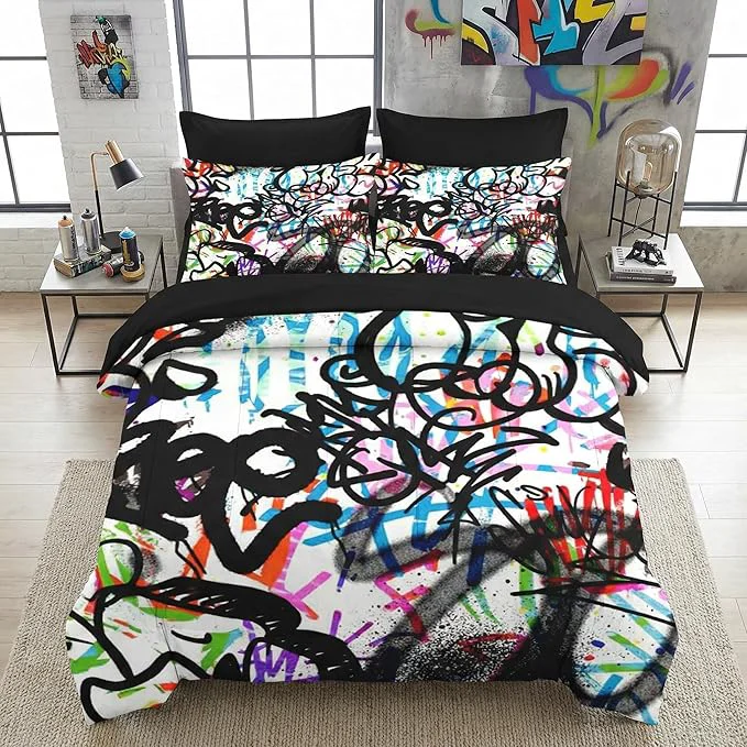 Selected 5 Pcs Twin Size Comforter Set with Pillowcase amp Sham Abstract Graffiti Bedding for Kids and Adults Urban Modern Fashion Bed in a Bag with Flat Fitted Sheet Lightweight