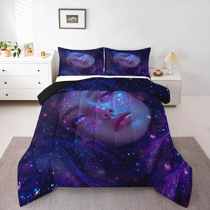 Smooth Erosebridal Twin Bedding Sets for Girls Modern Art Fashion Girl Painting Comforter Set Galaxy Stars Print Duvet Insert Glitter Zodiac Constellation Bed Set Anime Gifts Bedroom Decor Natural