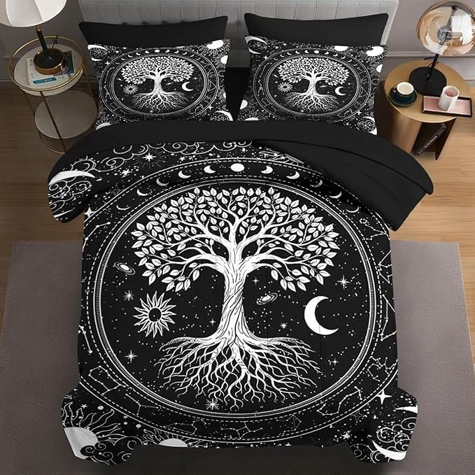 Stylish 7 Pcs Full Size Comforter Set with 2 Pillowcases amp 2 Shams Black Gothic Tree of Life Bedding for Kids and Adults Nature Sun and Moon Bed in a Bag with Flat Fitted Sheet Official