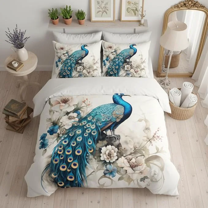 Functional Blue Peacock Comforter Full Size Girls Watercolor Bird Floral Bedding Set for Elegant Women 3Pcs Soft Lightweight Microfiber Down Comforter with 2 Pillowcases 79×90 Crafted