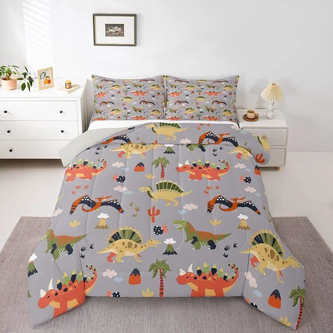 Authentic Feelyou Cartoon Dinosaur Comforter Set All Season Cute Bedding Set with 2 Pillow Cases Jungle Dino Kids Full Bedclothes Wild Animal Bedroom Decor Gray Duvet Quilt Breathable Soft Official