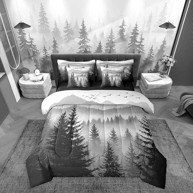Fashionable Erosebridal 7 Piece Black Grey King Comforter Set with Sheets Smoky Mountain Forest Bed in A Bag Rustic Woodland Pine Trees Bedding Sets for Kids Boys Adults Men Nature Landscape Bed Set Top-Quality