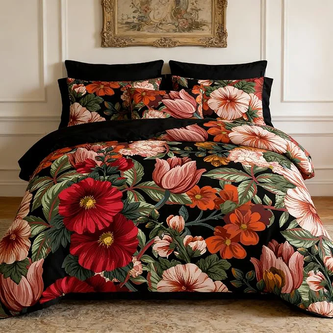 Premium Material Black Floral Comforter Set King Size 3 Pcs Vintage Floral Bedding Set for Women American Retro Microfiber Lightweight Comforter with 2 Pillowcases 104 x90 Black Red Reusable