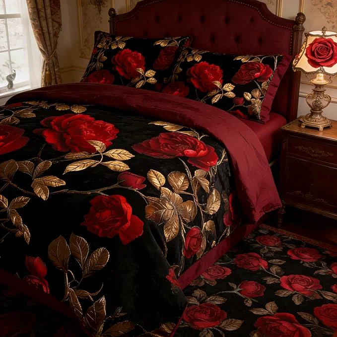 Reliable Queen Size Comforter Set – 3 Pieces Red Roses Pattern Vintage Floral Bedding for Adult Women Black Flower Decor Comforter Set with 2 Pillowcases 90 90 Convenient