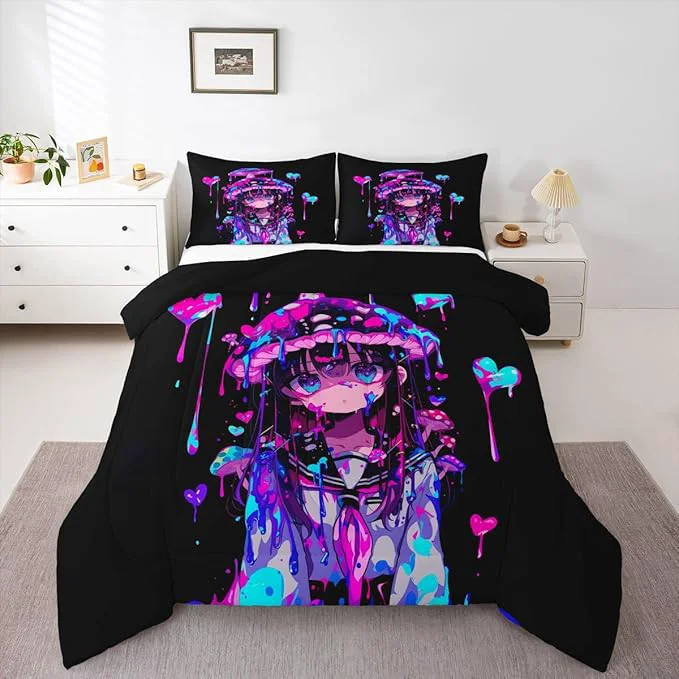 Official Erosebridal Mushroom Girl Comforter Set for Kids Boys Girls 3D Japanese Girly Bedding Watercolor Graffiti Duvet Set Cute Anime Gifts Comforter Queen with 2 Pillowcases Efficient
