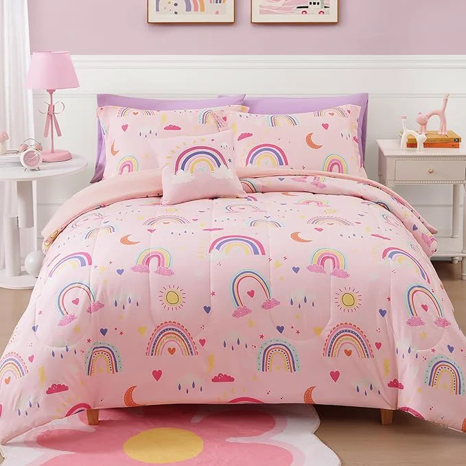 Crafted Glow in The Dark Kids Comforter Set Full Size for Girls Pink Rainbow Bedding Set 1 Comforter 1 Decor Pillow 2 Pillow Shams Proven