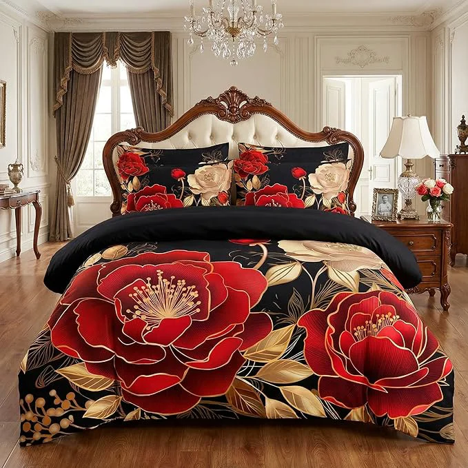 Contemporary Vintage Floral Comforter Set Queen Size Black Red Luxurious Penoy Bedding with Golden Leaves for Adult Women 3Pieces Soft Microfiber Quilted Set with 2 Pillowcase 90 x90 Premium