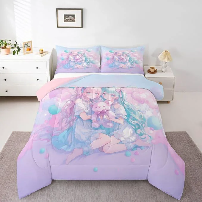 Detailed Erosebridal Anime Girl Kids Bedding Girly Friendship Twin Comforter Sets Fantasy Dreamy Girls Comforter Romance Ballons Duvet Insert with 1 Pillow Case Efficient