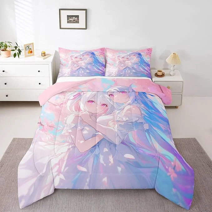 Elite Erosebridal 3D Kawaii Girly Bedding Full Size Japanese Girl Comforter Set for Kids Toddler Girls Cherry Blossoms Bedding Comforter Sets Watercolor Romance Duvet Set Happy Friendship Down Comforter Soft