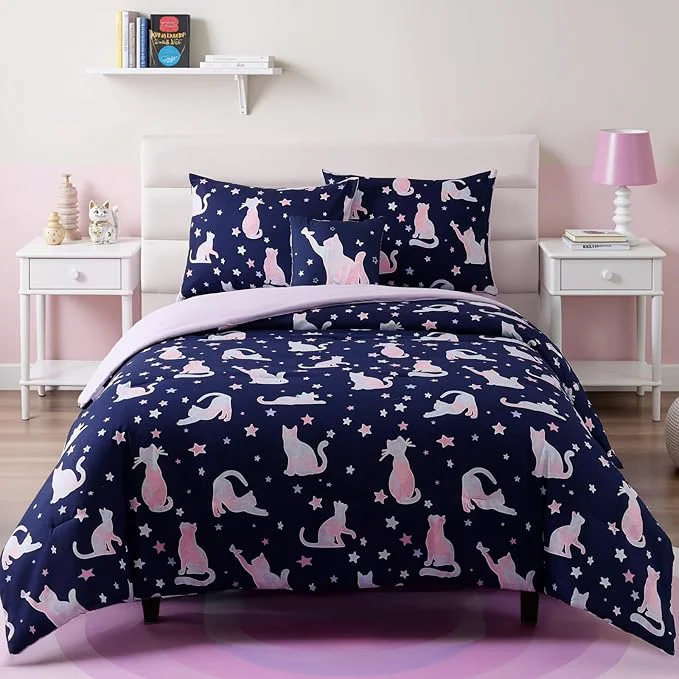 Dependable Full Size Comforter Set for Girls-4 Pieces Cat Patterns Full Bedding Set with 1 Comforter 1 Decor Pillow amp 2 Pillow Shams Easy-to-Use